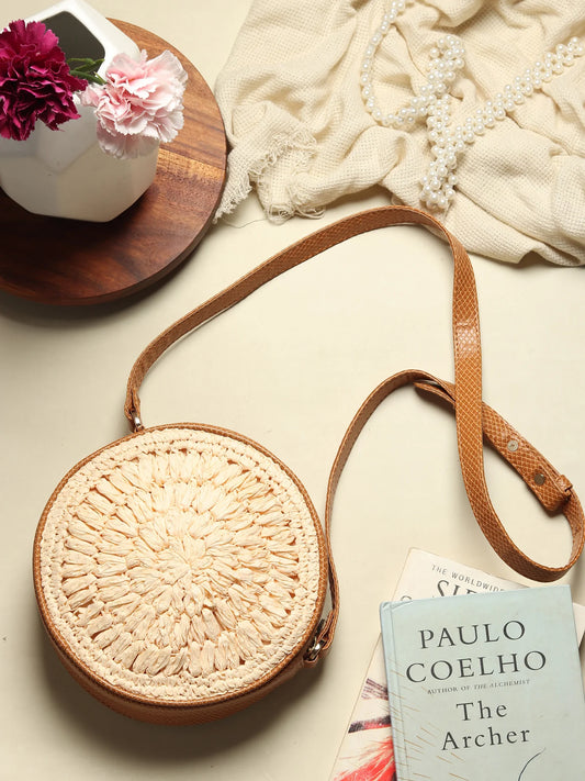 Handwoven Round Raffia Crossbody Sling Bag for Casual and Travel Use