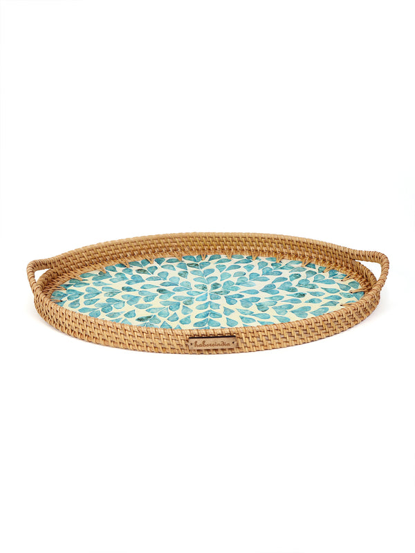 Natural Cane Oval Tray with Blue Tropical Design for Tabletop, Kitchen, and Home Decor