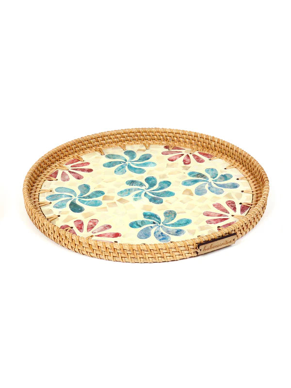 Plateau rond en rotin - Flower Mosaic