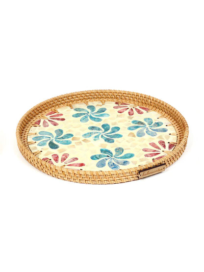 Plateau rond en rotin - Flower Mosaic
