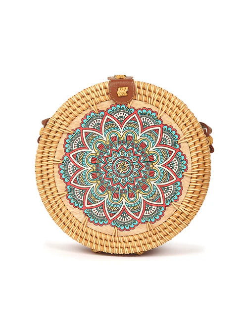 Handwoven Round Rattan Sling Bag for Beach Trips, Travel, and Casual Wear