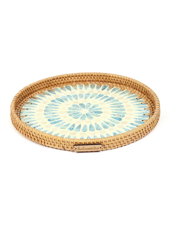 Rustic Handmade Round Cane Tray with Blue Circle Mosaic for Stylish Serving and Display