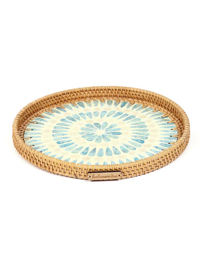 Rustic Handmade Round Cane Tray with Blue Circle Mosaic for Stylish Serving and Display