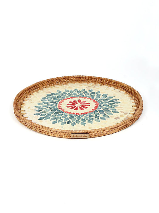 Rustic Handmade Round Cane Tray with Rangoli Mosaic for Stylish Serving and Display