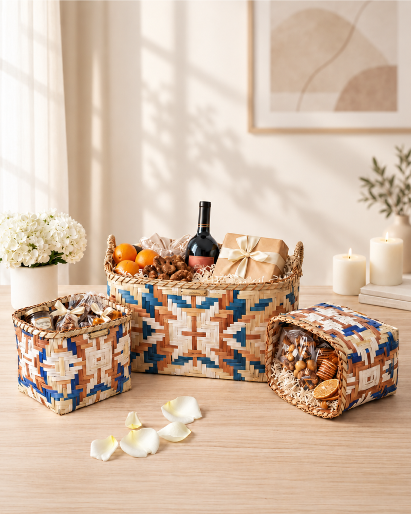 Natural Bamboo Shelf Baskets with Handles Set of 3 for Storage and Home Decor