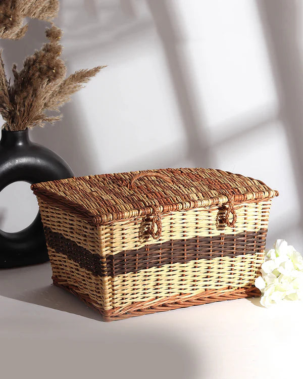 Rustic Seagrass Storage Box with Lid for Desk, Closet & Household Item