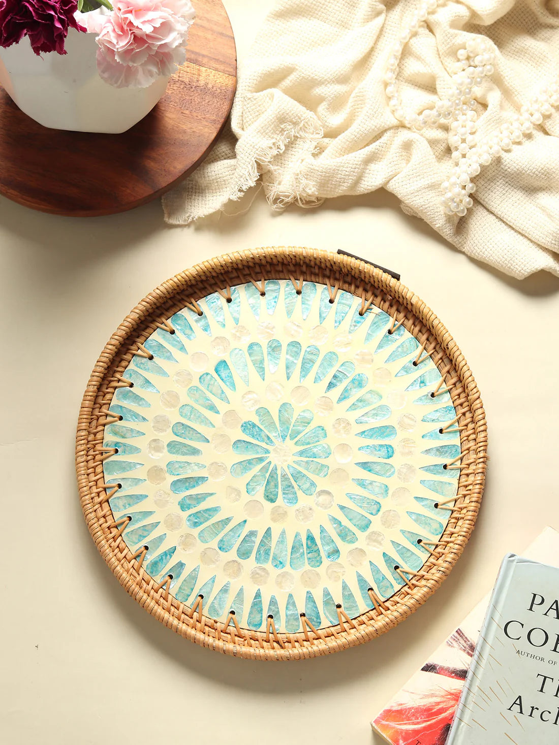 Rustic Handmade Round Cane Tray with Blue Circle Mosaic for Stylish Serving and Display