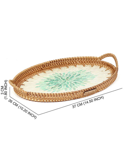 Handwoven Oval Cane Tray with Green Rangoli Mosaic for Decorative and Serving Use