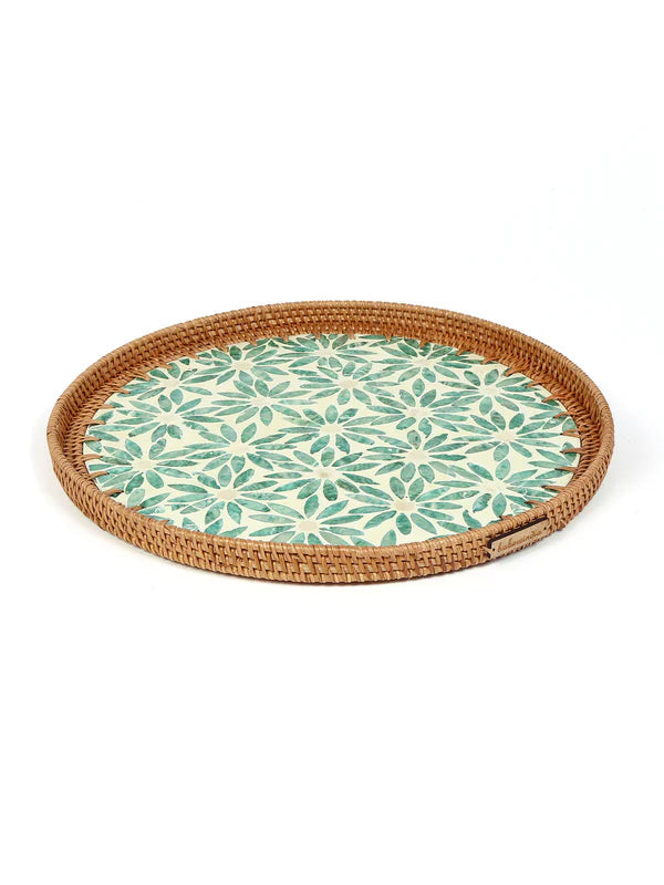 Decorative Round Cane Tray with Tropical Mosaic for Serving, Gifting, and Home Decor