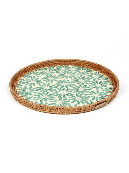 Decorative Round Cane Tray with Tropical Mosaic for Serving, Gifting, and Home Decor