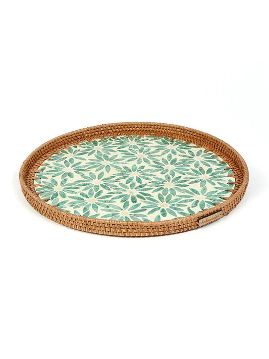 Decorative Round Cane Tray with Tropical Mosaic for Serving, Gifting, and Home Decor