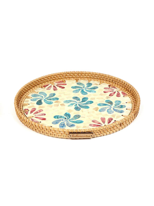 Plateau rond en rotin - Flower Mosaic