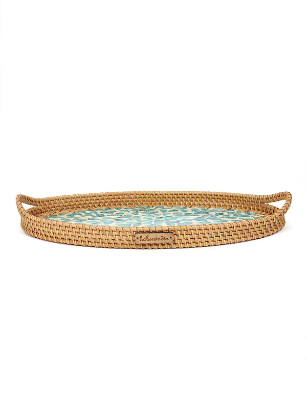 Natural Cane Oval Tray with Blue Tropical Design for Tabletop, Kitchen, and Home Decor