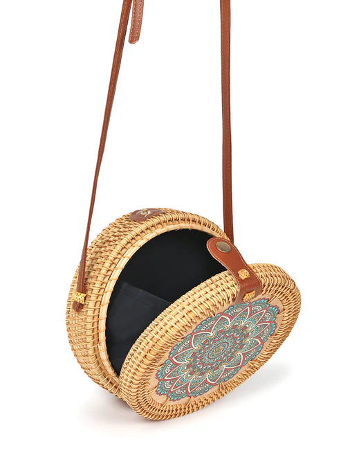Handwoven Round Rattan Sling Bag for Beach Trips, Travel, and Casual Wear