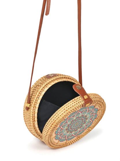 Handwoven Round Rattan Sling Bag for Beach Trips, Travel, and Casual Wear