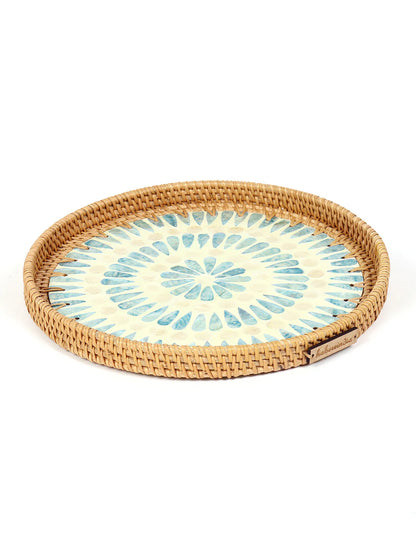 Rustic Handmade Round Cane Tray with Blue Circle Mosaic for Stylish Serving and Display
