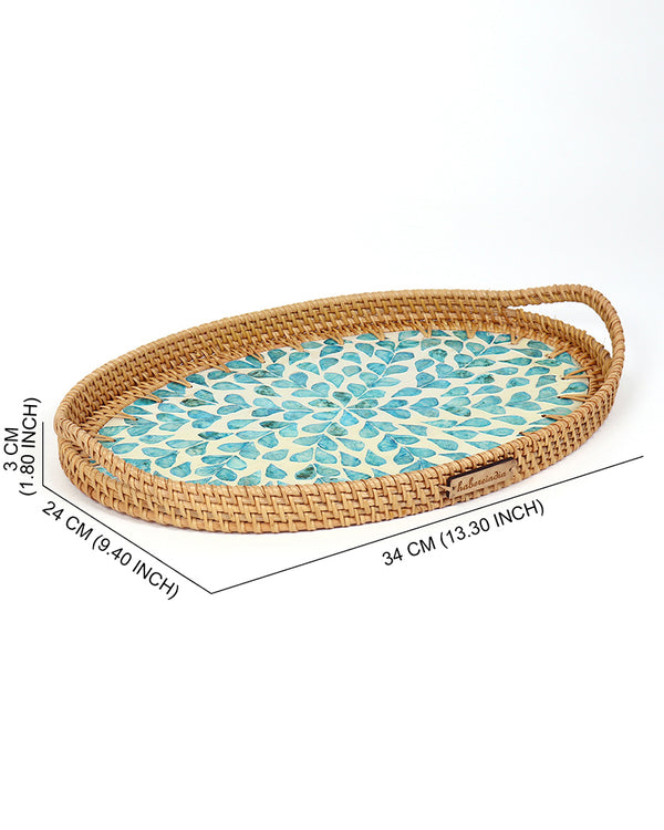Natural Cane Oval Tray with Blue Tropical Design for Tabletop, Kitchen, and Home Decor