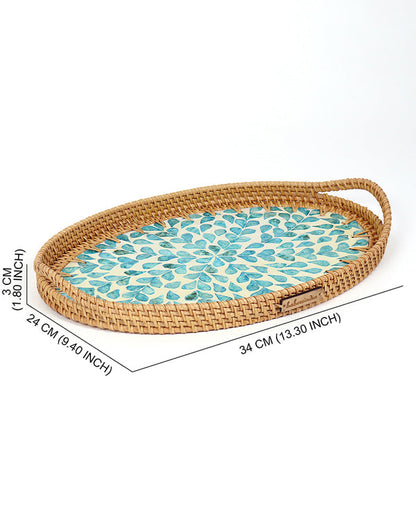 Natural Cane Oval Tray with Blue Tropical Design for Tabletop, Kitchen, and Home Decor