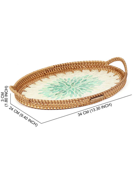 Handwoven Oval Cane Tray with Green Rangoli Mosaic for Decorative and Serving Use
