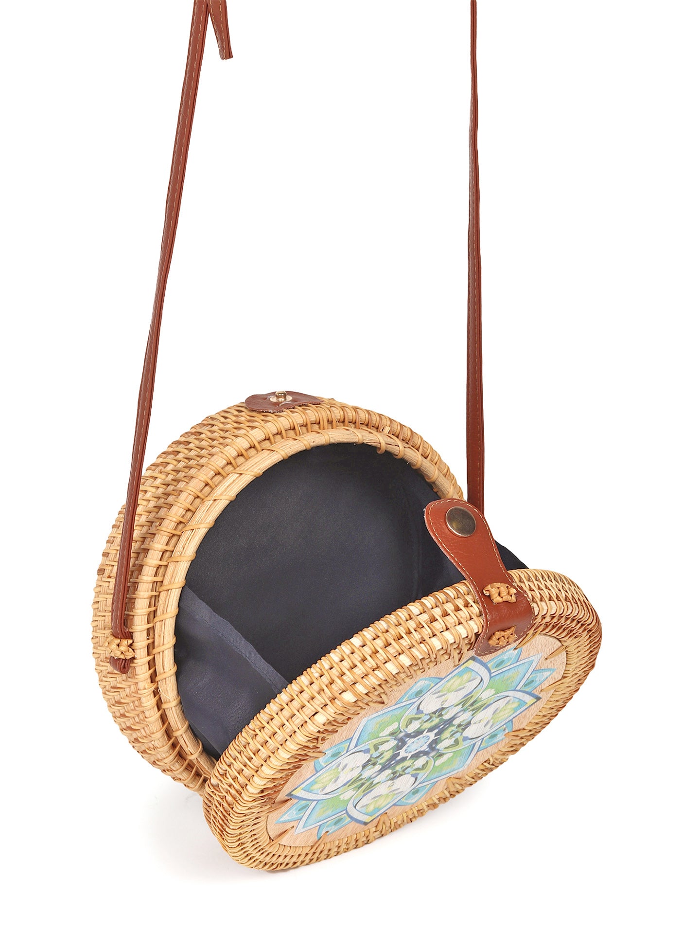 White Color Hand Bag And Cross Body Rattan Round Bag With Batik Ornament